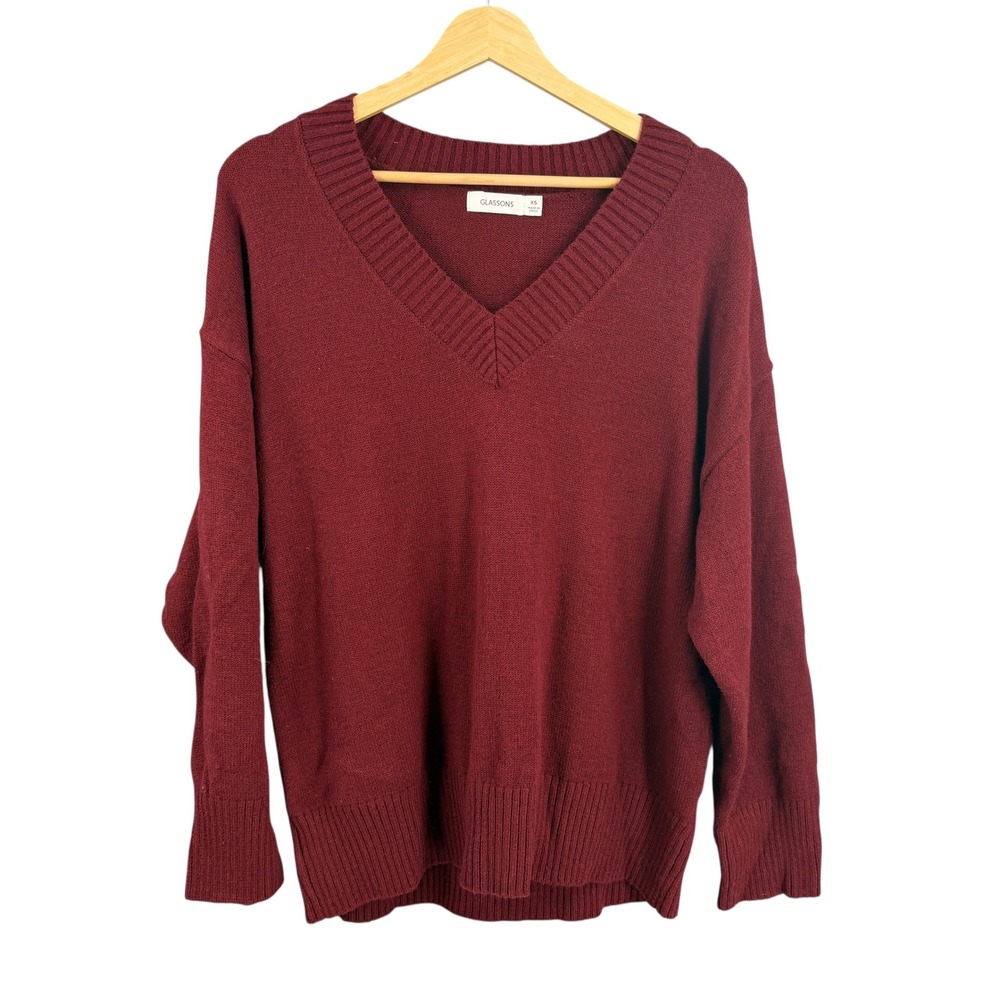 Glassons V-Neck‎ Sweater Womens XS Burgundy Oversized Knit Wool Blend